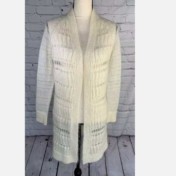 Allsaints Ivory Cole Wool Mohair Blend Open Knit Long Cardigan Size Medium - Picture 1 of 6